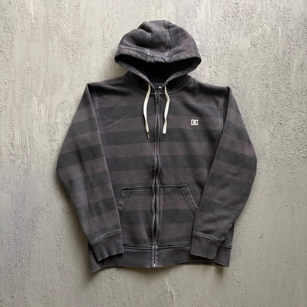 Vintage DC Shoes Full Zip Hoodie Medium Grey 2000s Y2K Striped Skateboarding